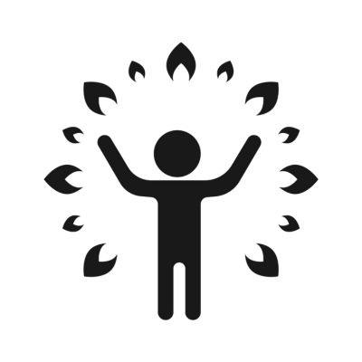 Icône représentant une personne les bras levés entourée de feuilles, symbole de libération et d’épanouissement